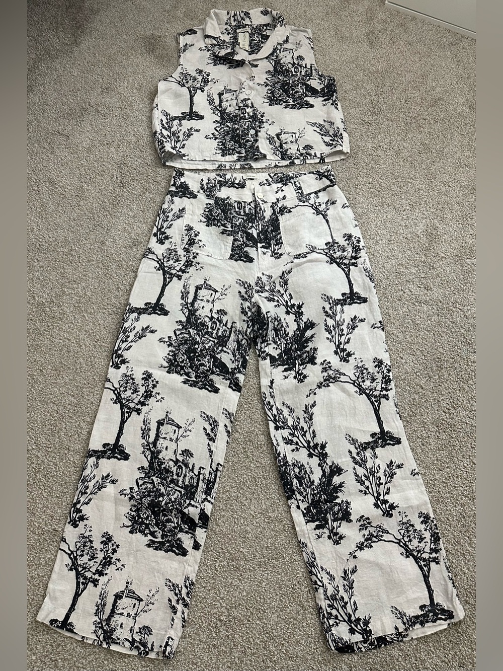 Joie 100% Linen Toile de Jouy Matching Set | Size M | Resort Chic